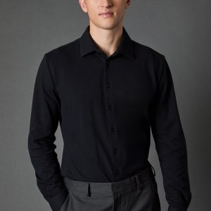 Black Pique Slim Fit Long Sleeve Shirt