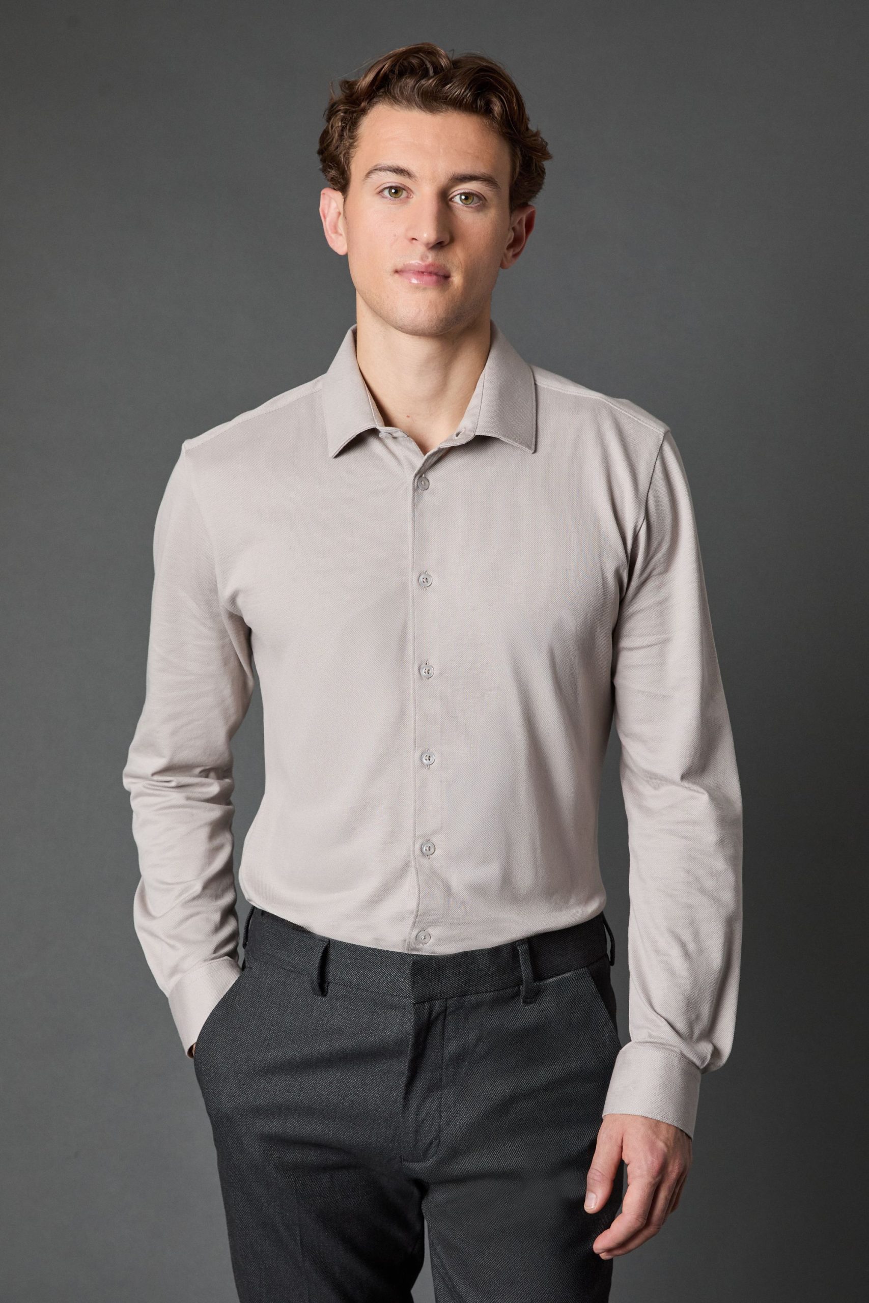 Grey Pique Slim Fit Long Sleeve Shirt