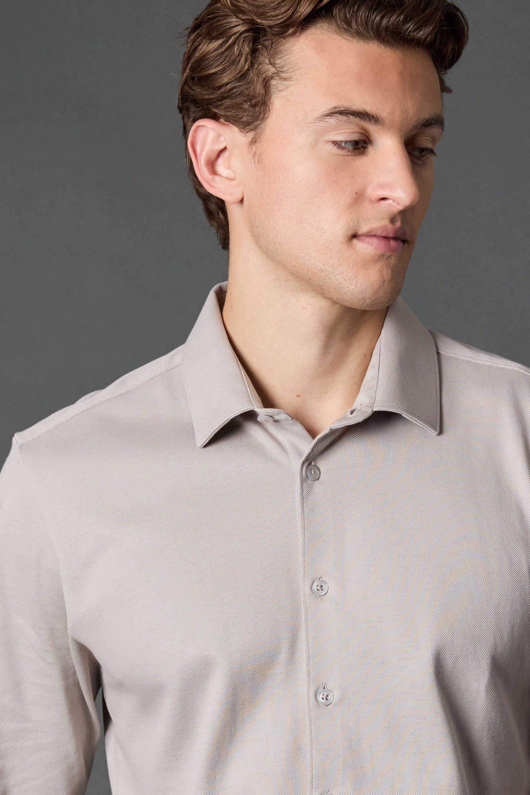 Grey Pique Slim Fit Long Sleeve Shirt - Image 2