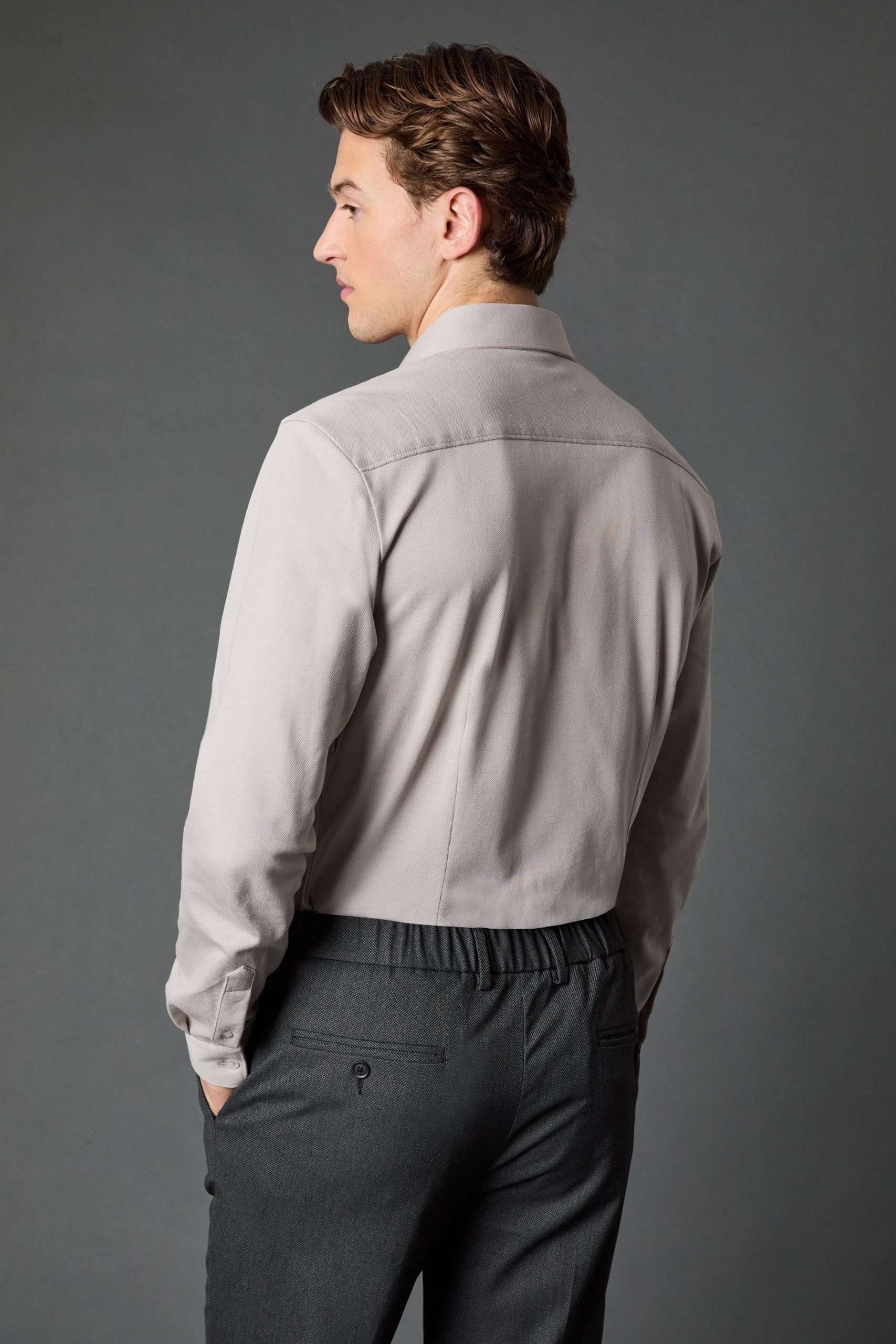 Grey Pique Slim Fit Long Sleeve Shirt - Image 3