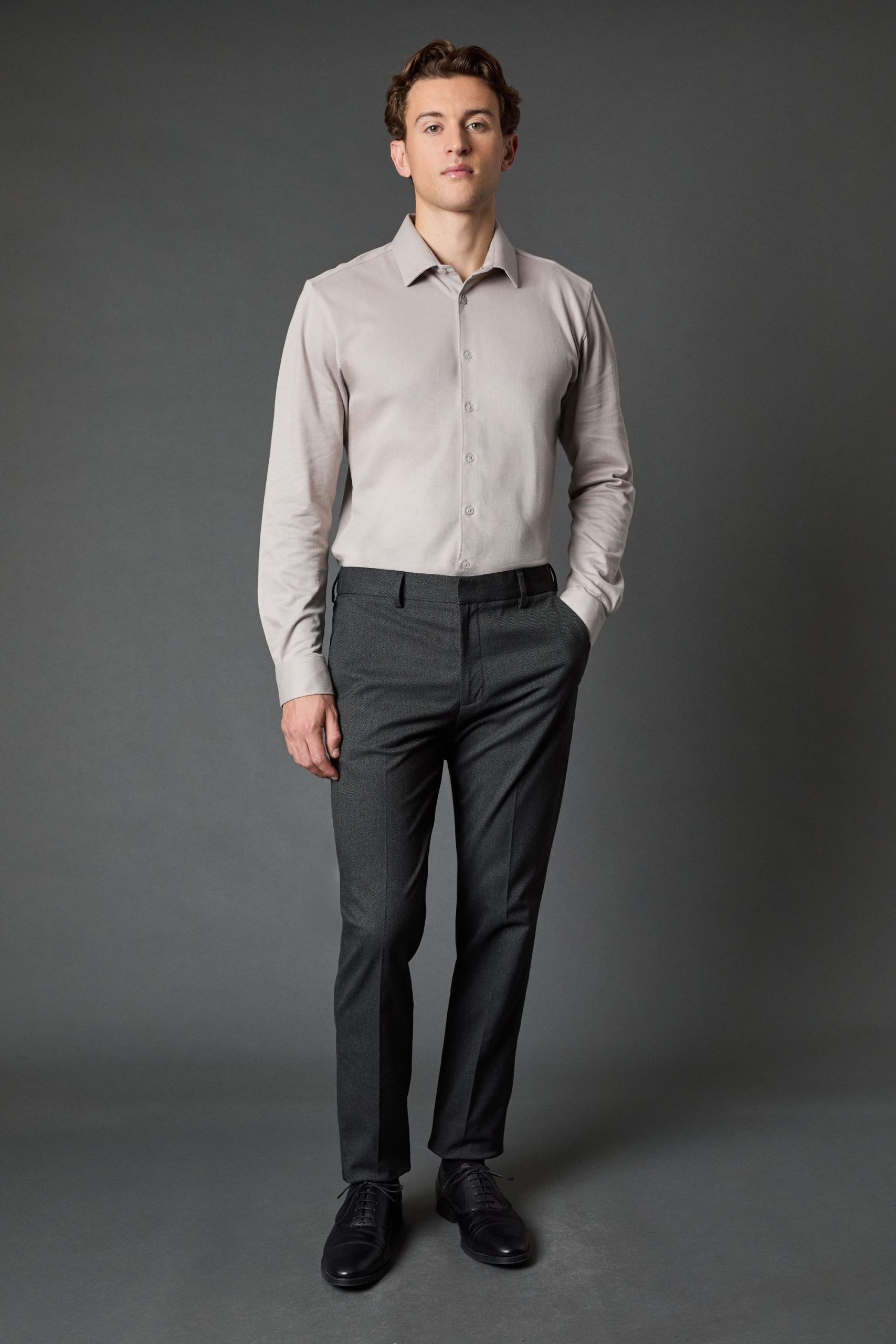 Grey Pique Slim Fit Long Sleeve Shirt - Image 4