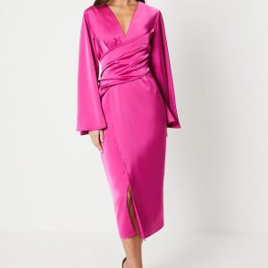 Satin Wrap Dress With Flare Sleeve