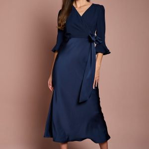 Ruffle Sleeve Satin Back Crepe Wrap Dress