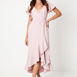 V Neck Ruffle Wrap Wedding Guest Dress