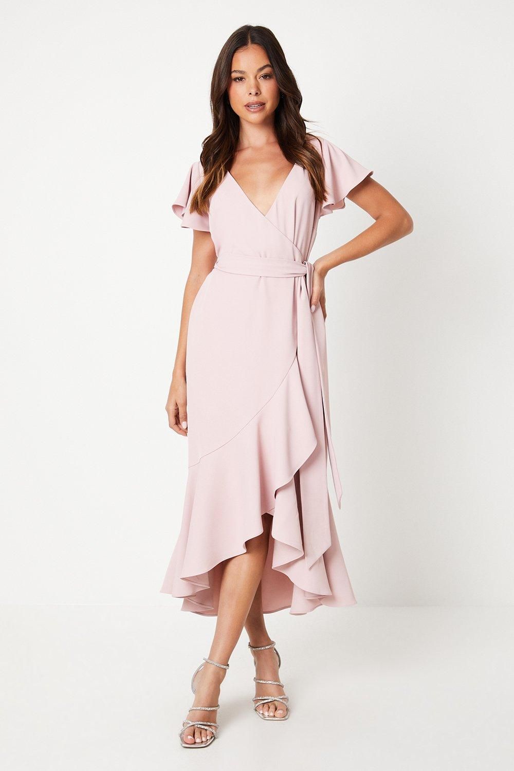 V Neck Ruffle Wrap Wedding Guest Dress