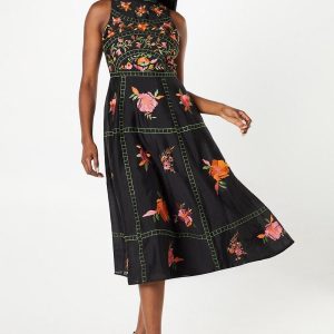 Premium Embroidered High Neck Midi Wedding Guest Dress