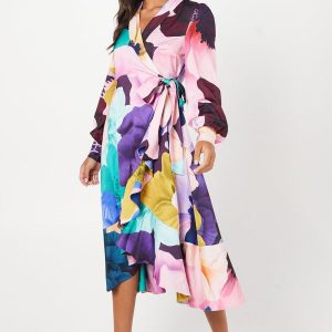 Premium Printed Satin Wrap Dress