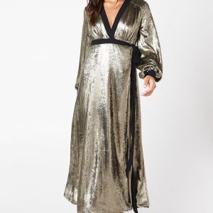 Party Metallic Long Sleeve Wrap Dress