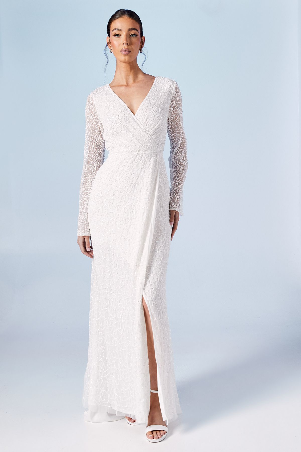 Wrap Bodice Long Sleeve Sequin Wedding Dress