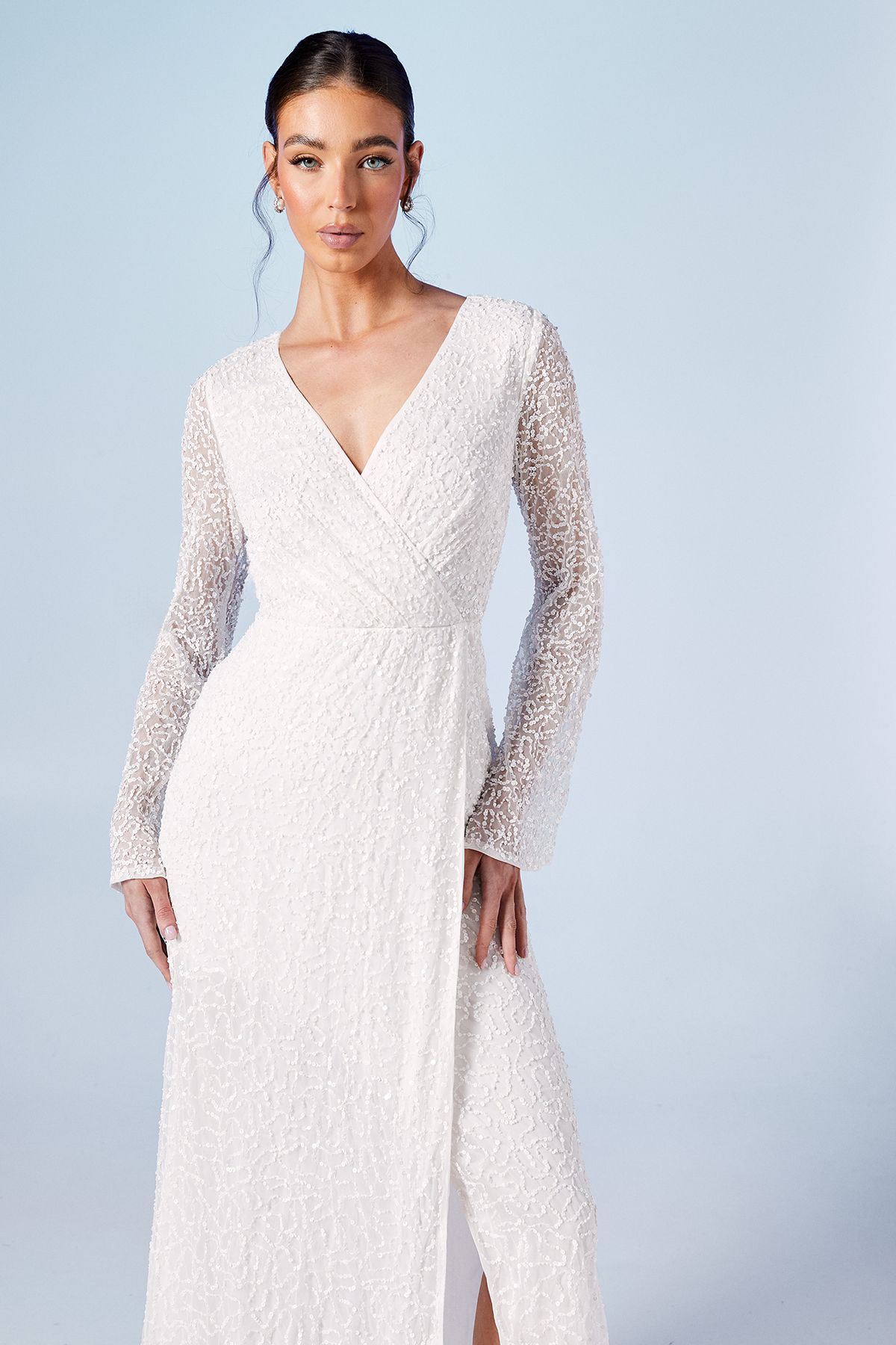 Wrap Bodice Long Sleeve Sequin Wedding Dress - Image 2