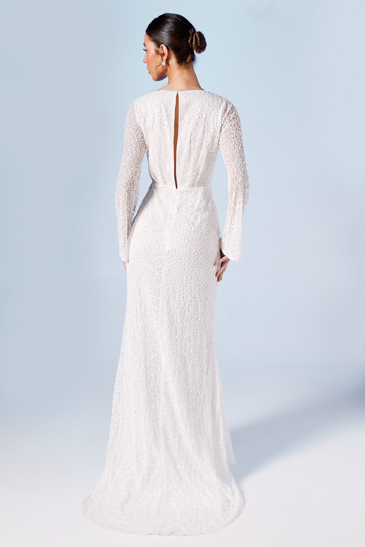 Wrap Bodice Long Sleeve Sequin Wedding Dress - Image 3