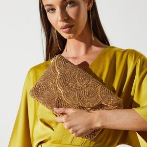 Pearl Beaded Scallop Clutch Bag With Shoulder Strap