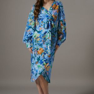 Printed Tie Front Wrap Jacquard Dress