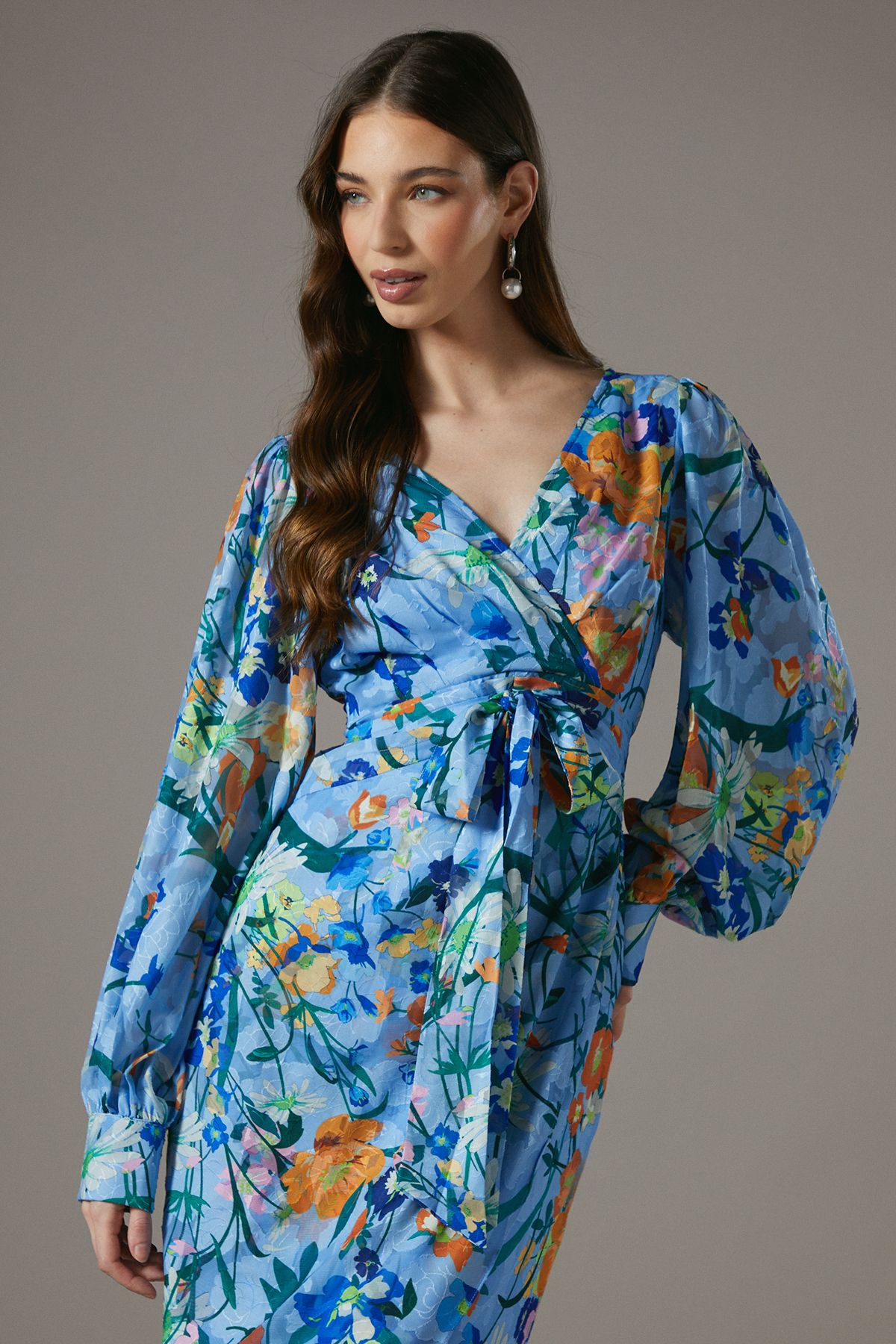 Printed Tie Front Wrap Jacquard Dress - Image 4