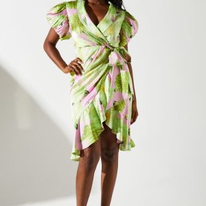 Blurred Floral Satin Wrap Dress
