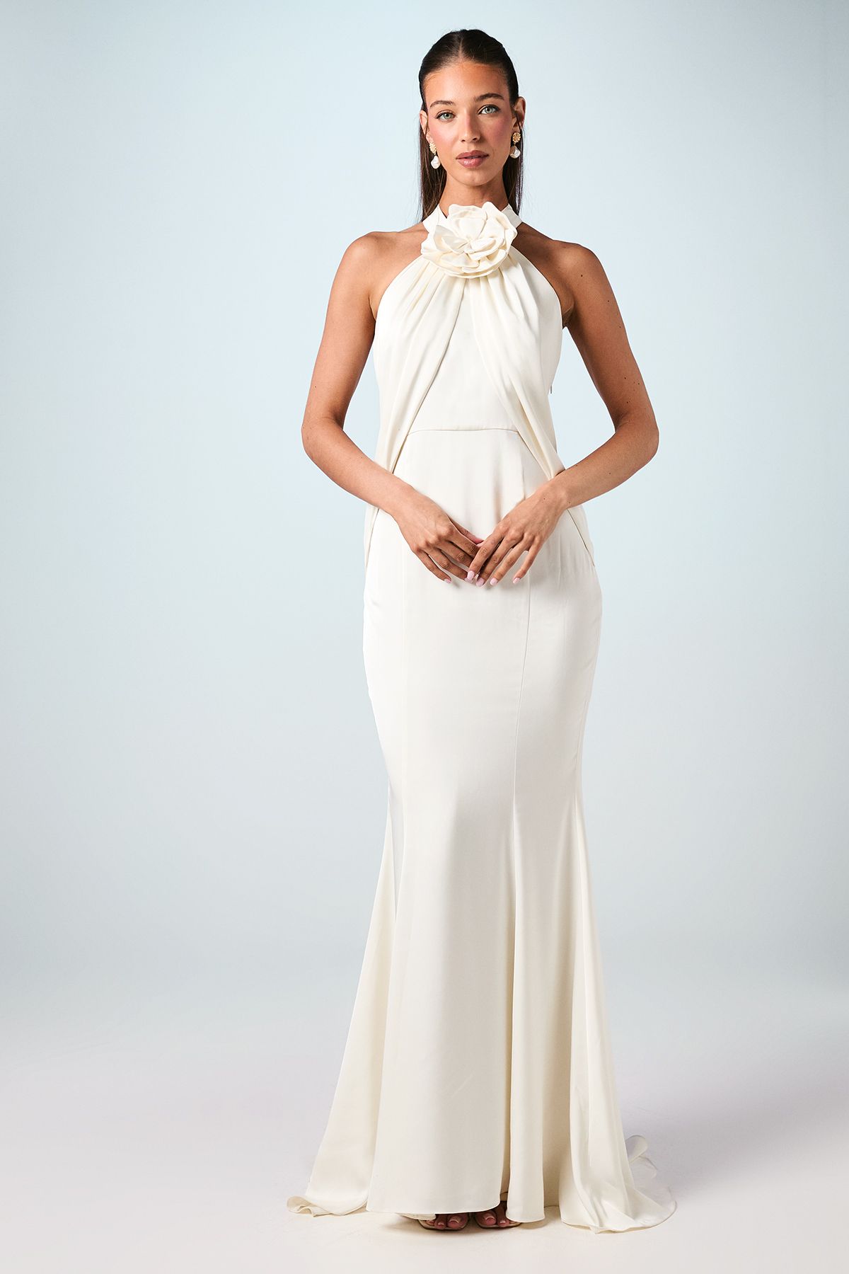 Halterneck Satin Wedding Dress With Flower