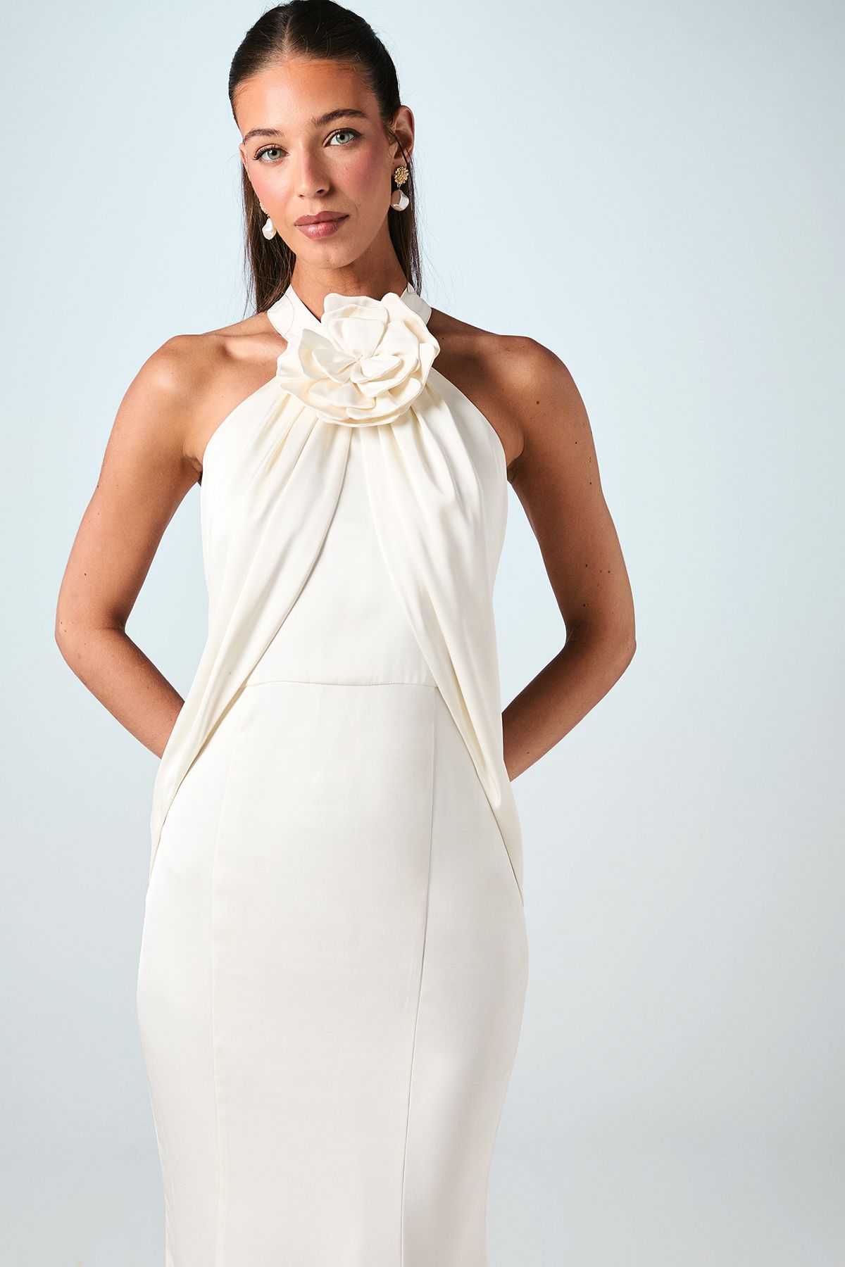 Halterneck Satin Wedding Dress With Flower - Image 2