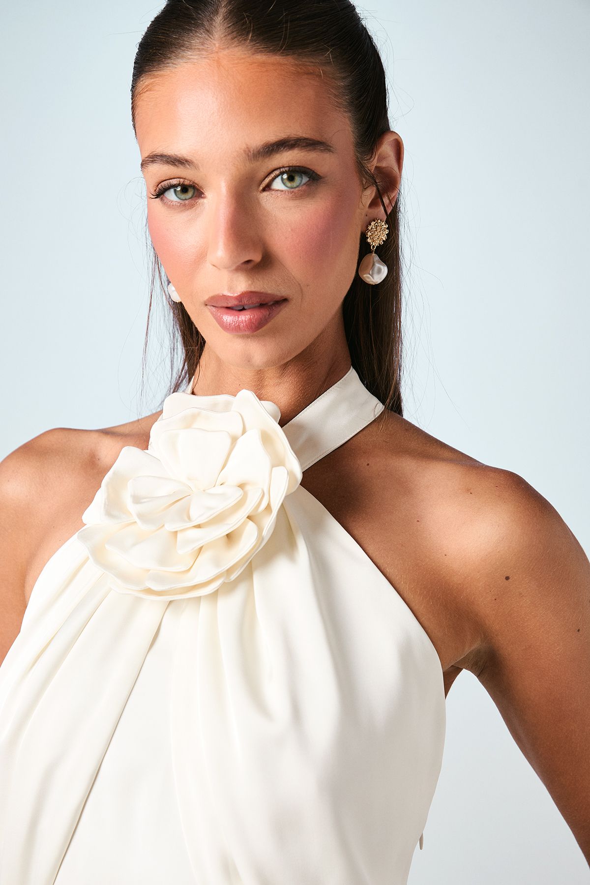 Halterneck Satin Wedding Dress With Flower - Image 4