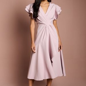 Short Sleeve V Neck Wrap Front Midi Dress