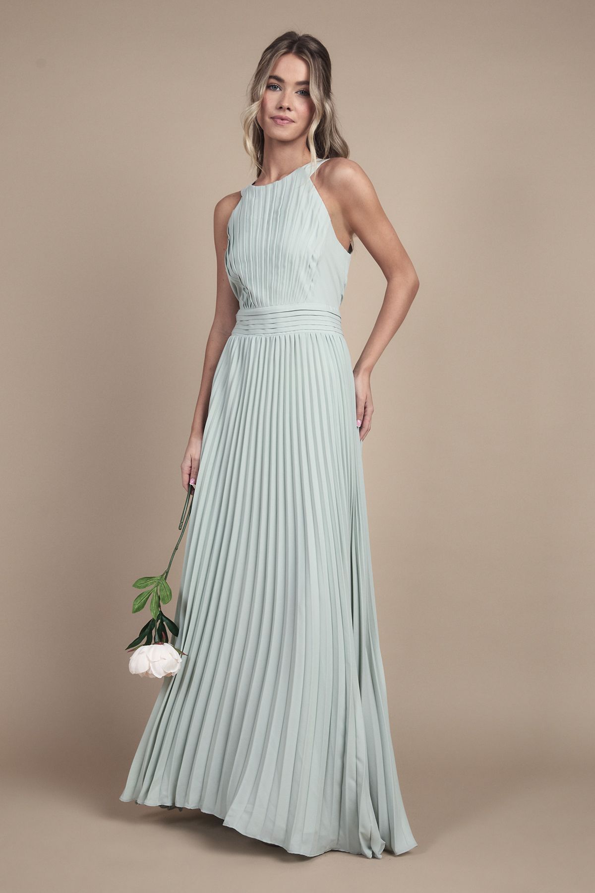 Teen Pleated Halterneck Bridesmaid Dress
