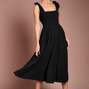 Sleeveless Crepe Midi Dress With Bow Detail Straps