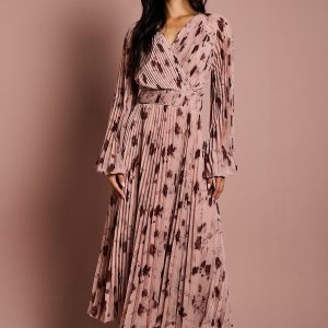 Long Sleeve Chiffon Pleated Wrap Midi Dress