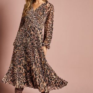 Long Sleeve Chiffon Pleated Wrap Midi Dress