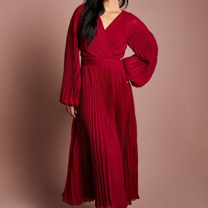 Long Sleeve Chiffon Pleated Wrap Midi Dress