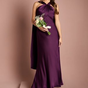 Satin Halterneck Maxi Bridesmaid Dress with Over The Shoulder Drape Detail