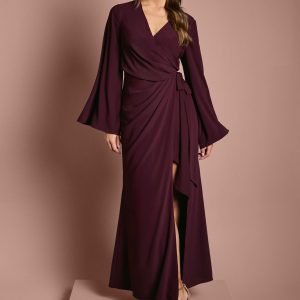 Wrap Waist Crepe Long Sleeve Bridesmaid Dress