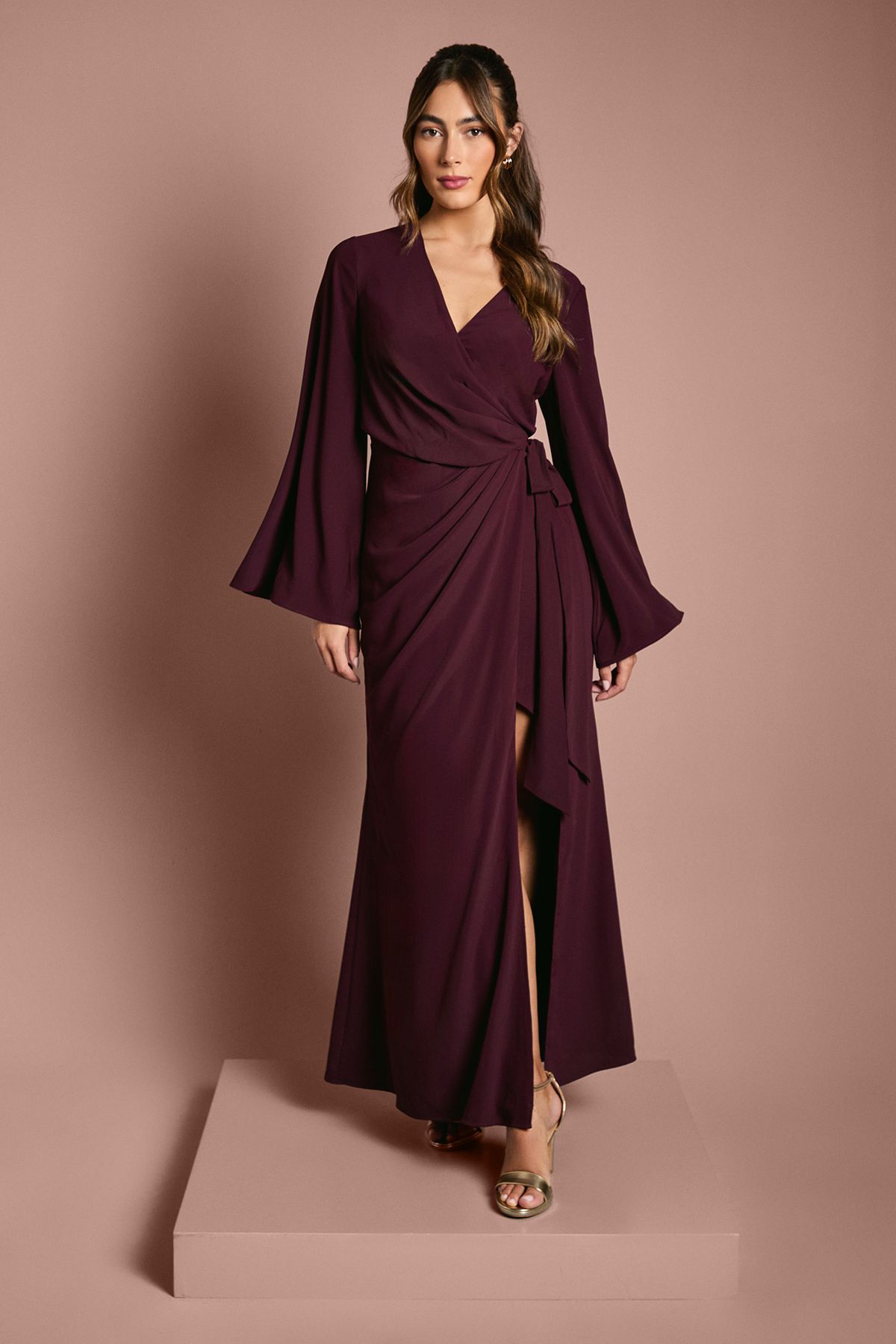 Wrap Waist Crepe Long Sleeve Bridesmaid Dress