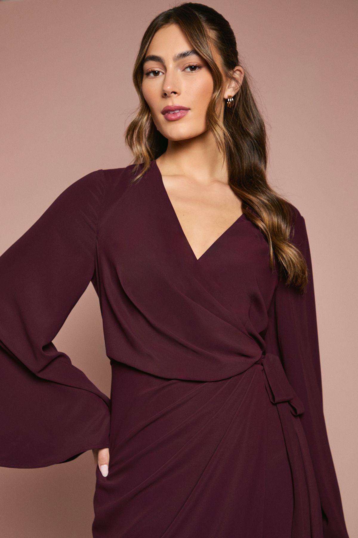 Wrap Waist Crepe Long Sleeve Bridesmaid Dress - Image 2