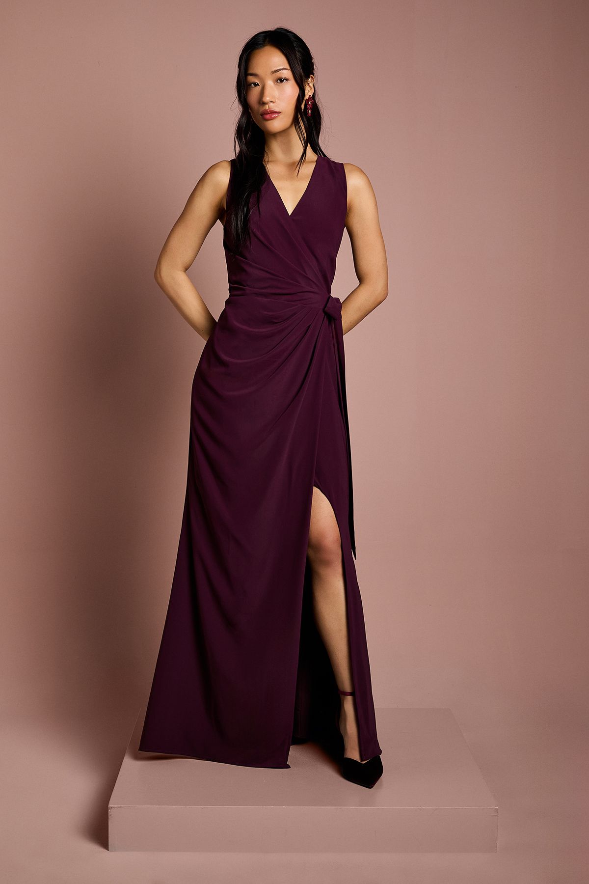 V Neck Wrap Detail Crepe Maxi Bridesmaid Dress