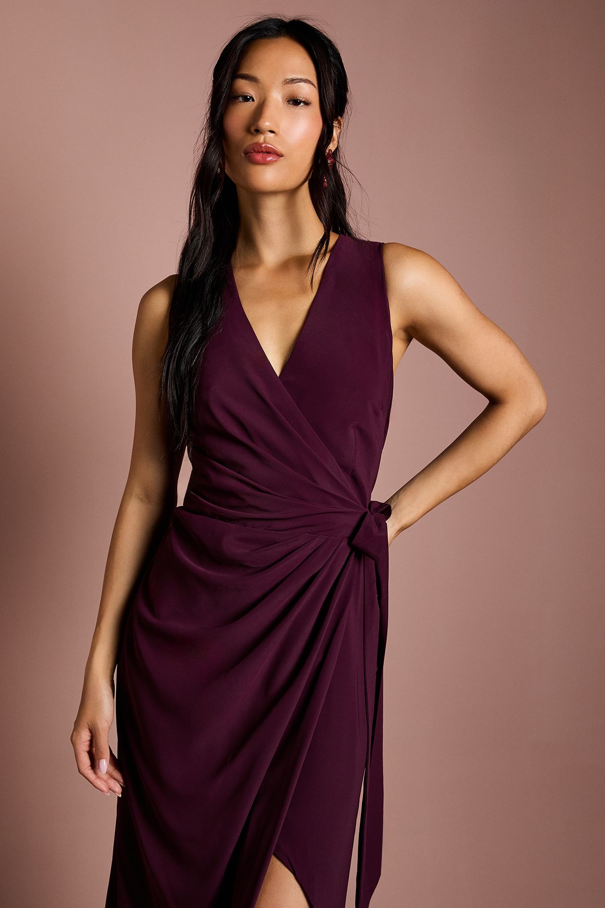 V Neck Wrap Detail Crepe Maxi Bridesmaid Dress - Image 2