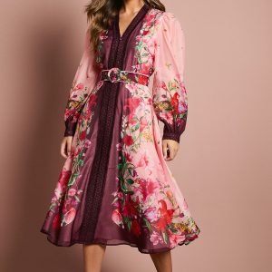 Long Sleeve Organza Midi Dress With Belt