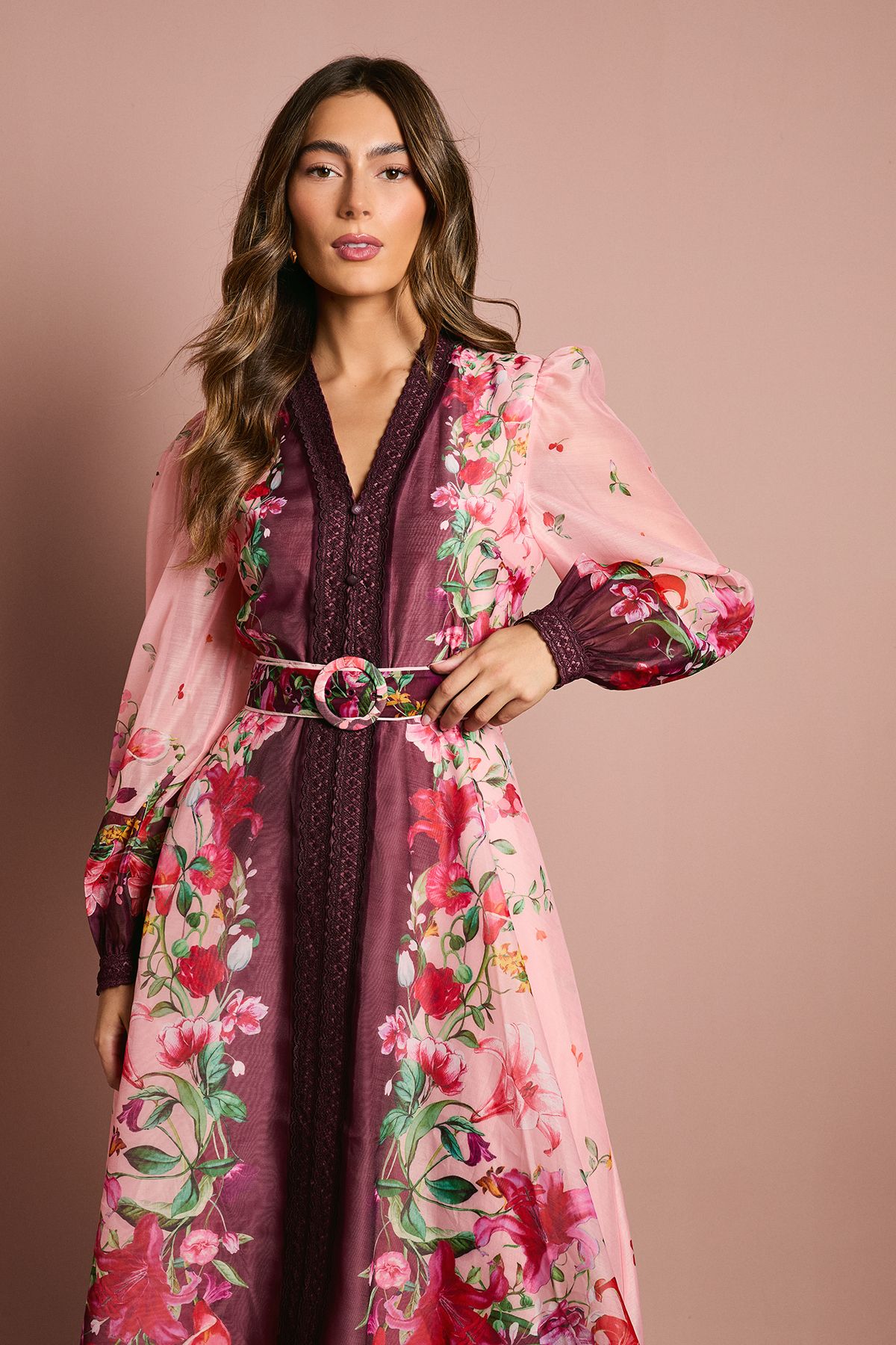 Long Sleeve Organza Midi Dress With Belt - Image 2