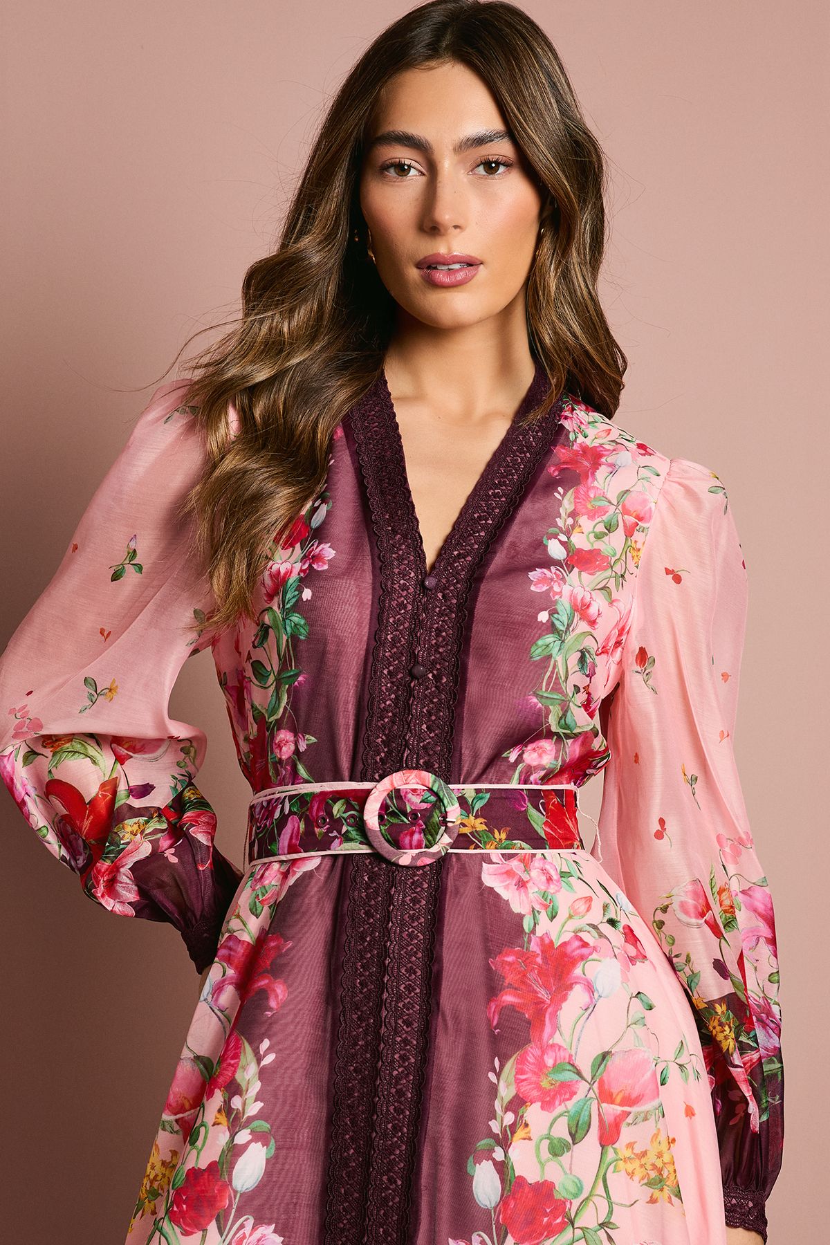 Long Sleeve Organza Midi Dress With Belt - Image 4