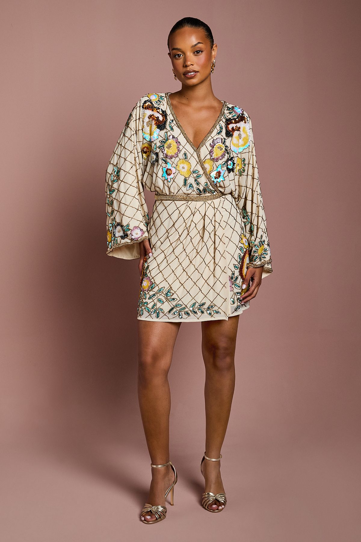 Petite Wrap Top Floral Embellished Mini Dress