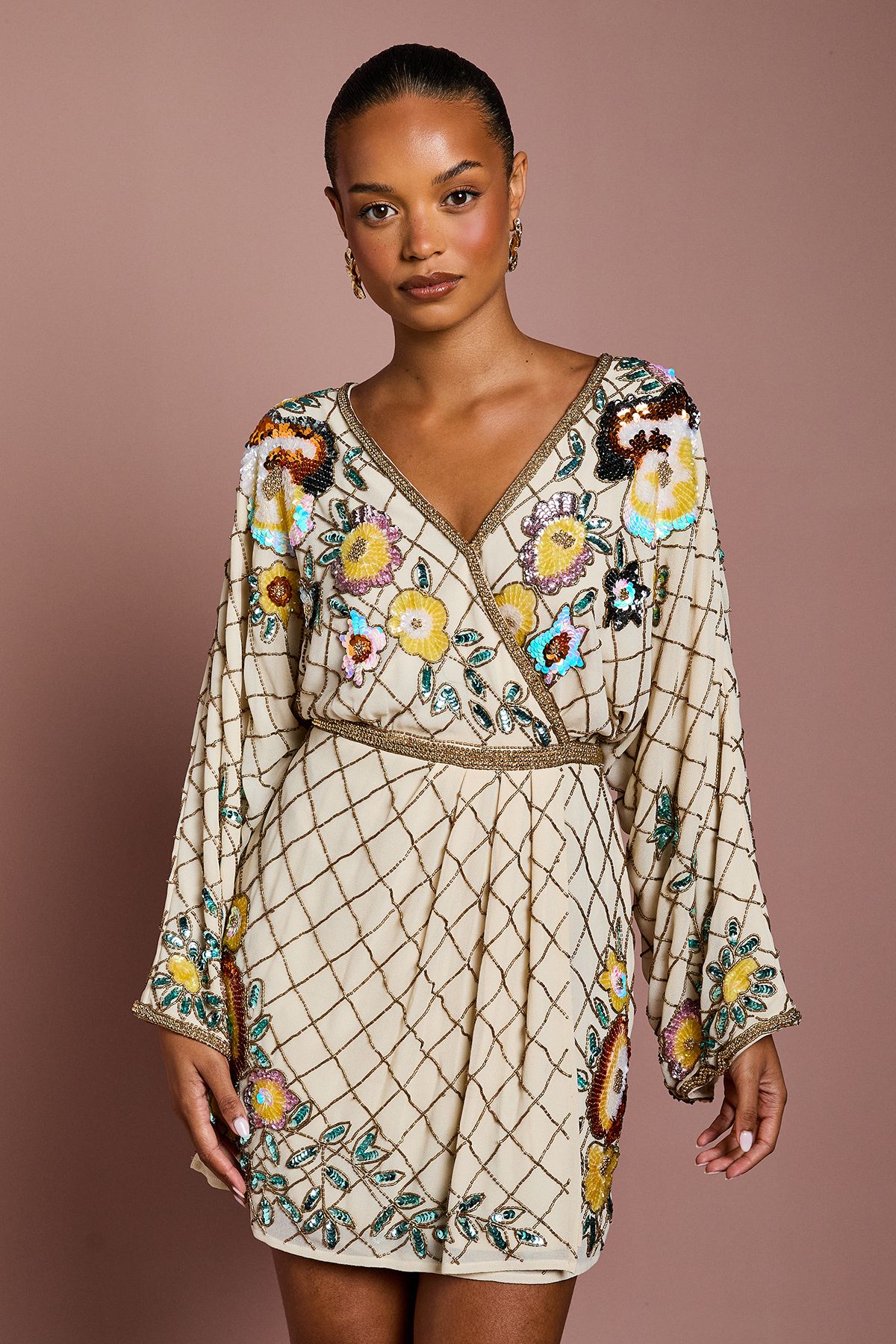 Petite Wrap Top Floral Embellished Mini Dress - Image 2
