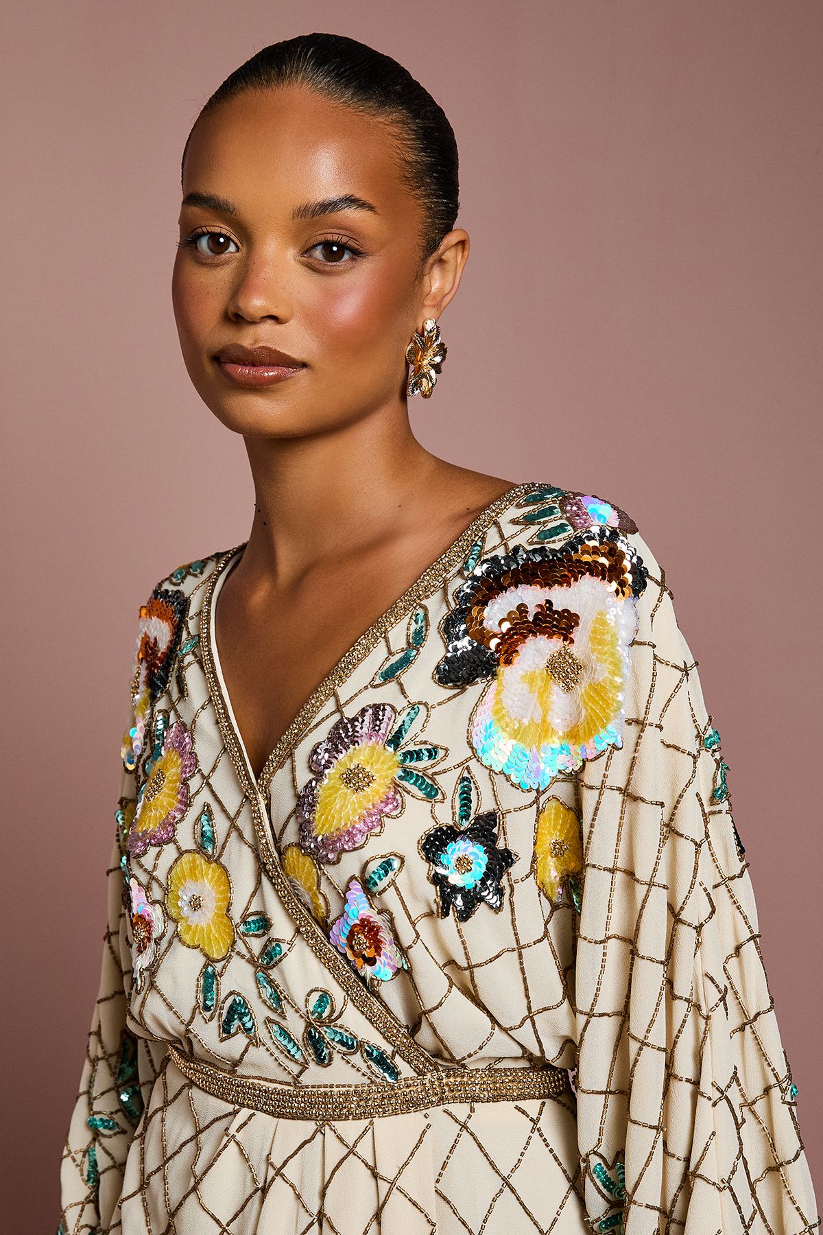 Petite Wrap Top Floral Embellished Mini Dress - Image 4