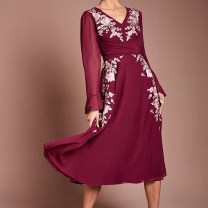 Wrap Waist Embroidered Midi Dress
