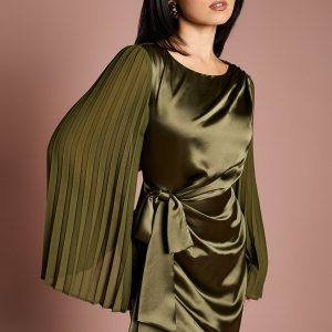 Petite Satin Pleated Flare Sleeve Wrap Mini Dress