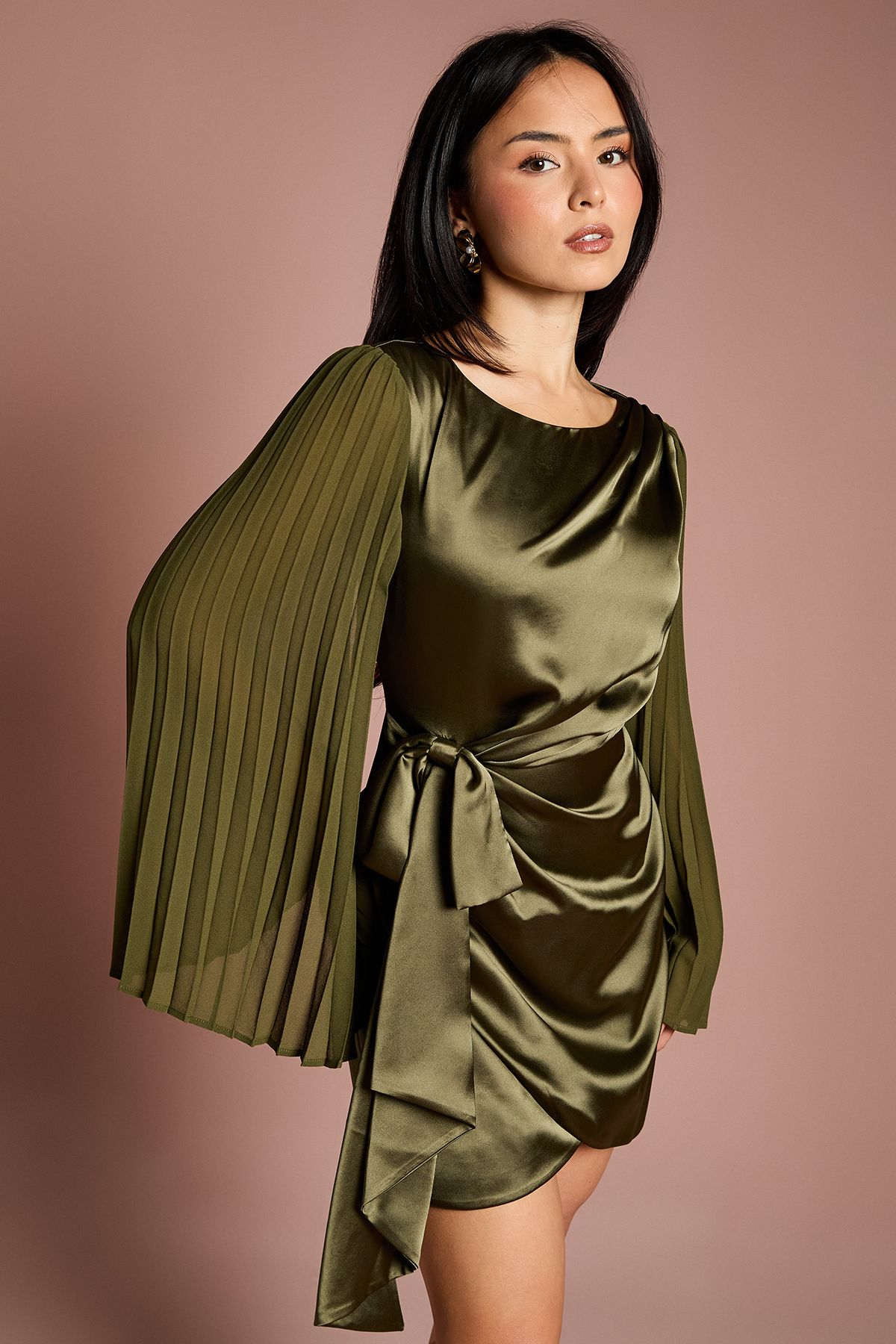 Petite Satin Pleated Flare Sleeve Wrap Mini Dress