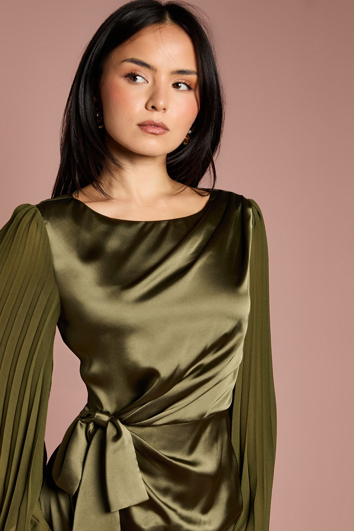 Petite Satin Pleated Flare Sleeve Wrap Mini Dress - Image 2