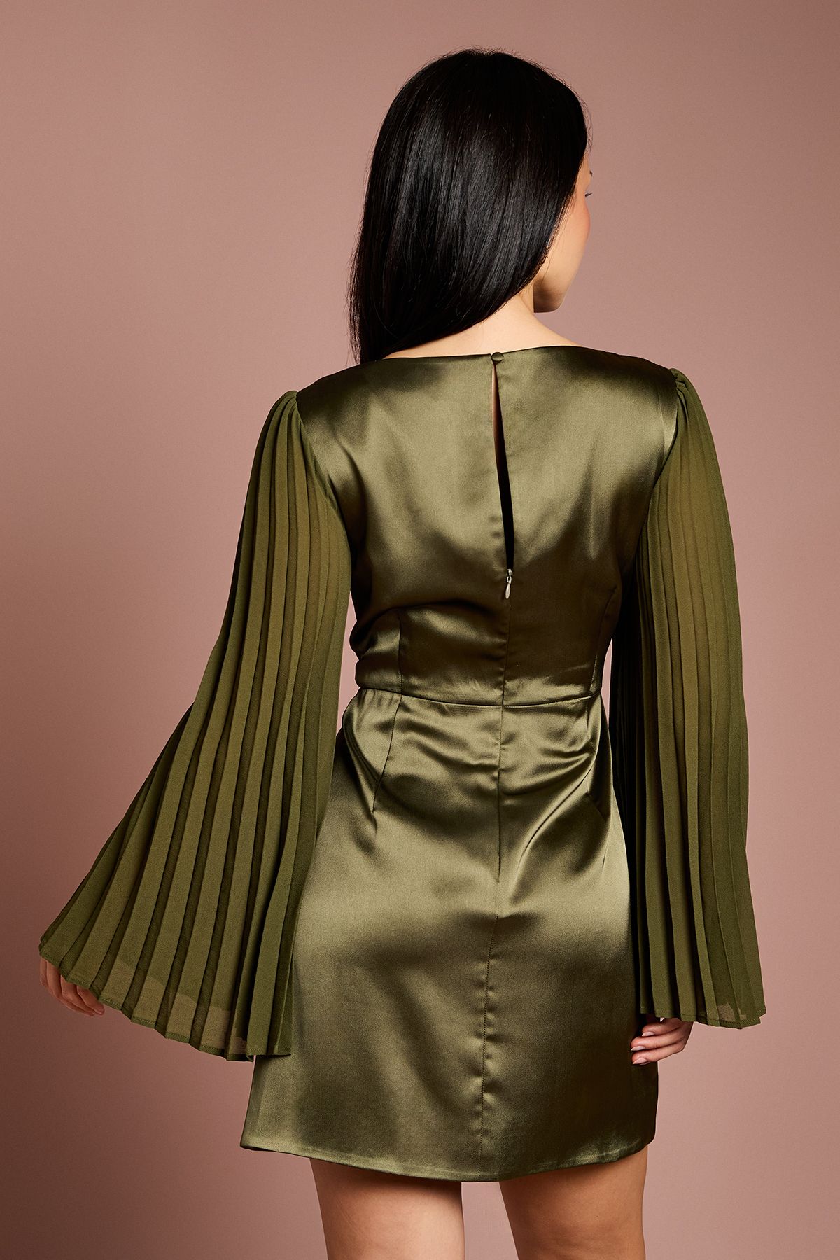 Petite Satin Pleated Flare Sleeve Wrap Mini Dress - Image 3
