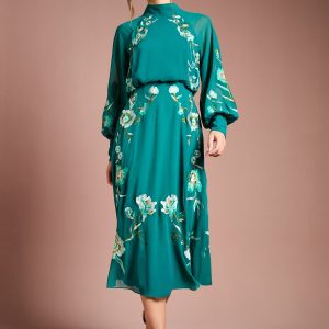 High Neck Long Sleeve Floral Embroidered Midi Dress