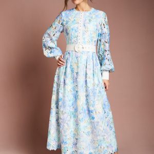 Printed Lace Blouson Sleeve Belted Midi Dress