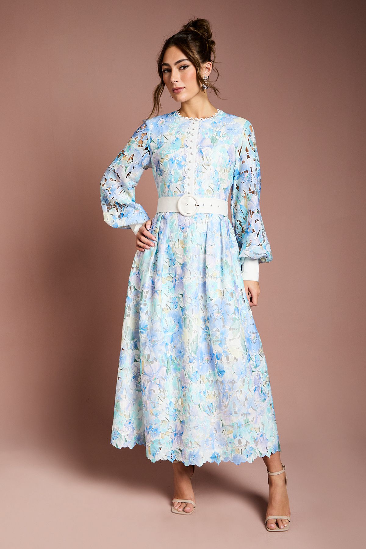 Printed Lace Blouson Sleeve Belted Midi Dress