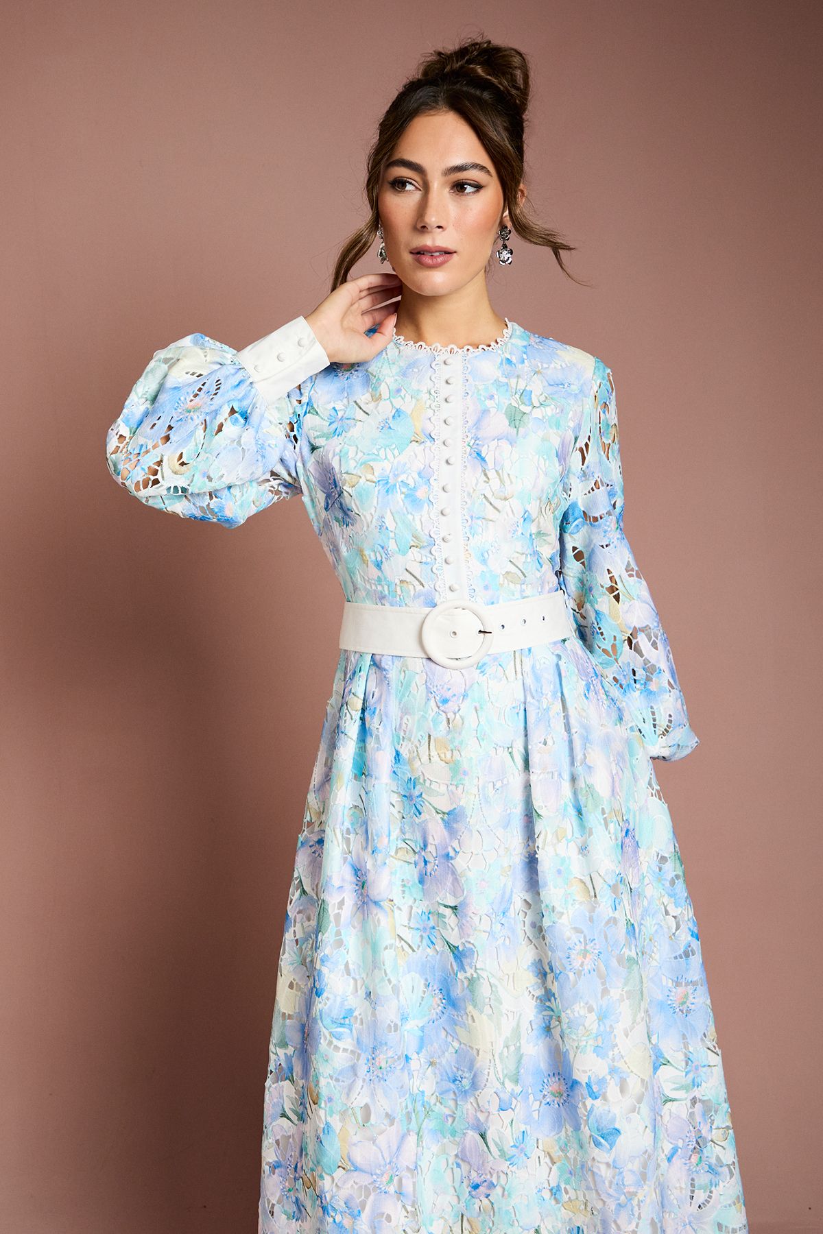 Printed Lace Blouson Sleeve Belted Midi Dress - Image 2