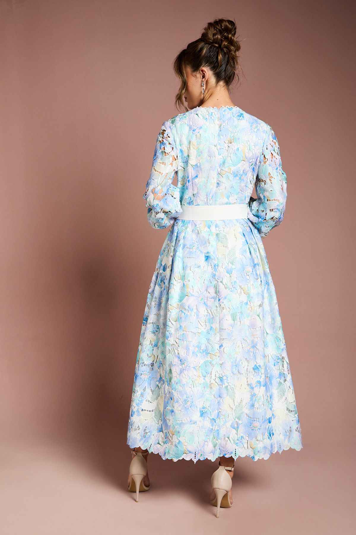 Printed Lace Blouson Sleeve Belted Midi Dress - Image 3
